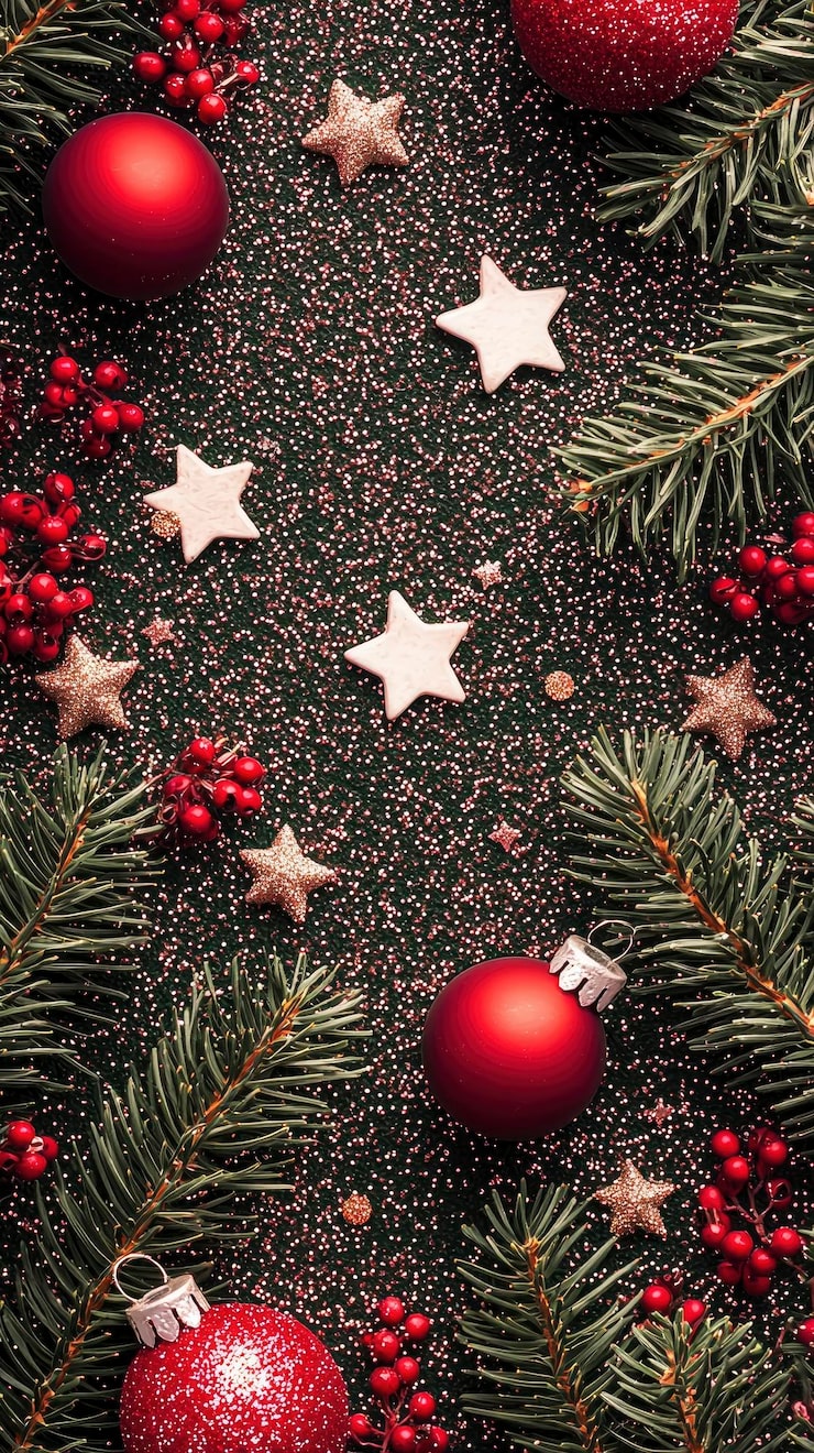 Photo festive christmas ornament and evergreen branches on glittering background