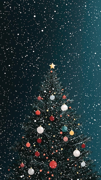 Photo a festive christmas tree glows under a snowy night sky adorned with ornaments and a golden star