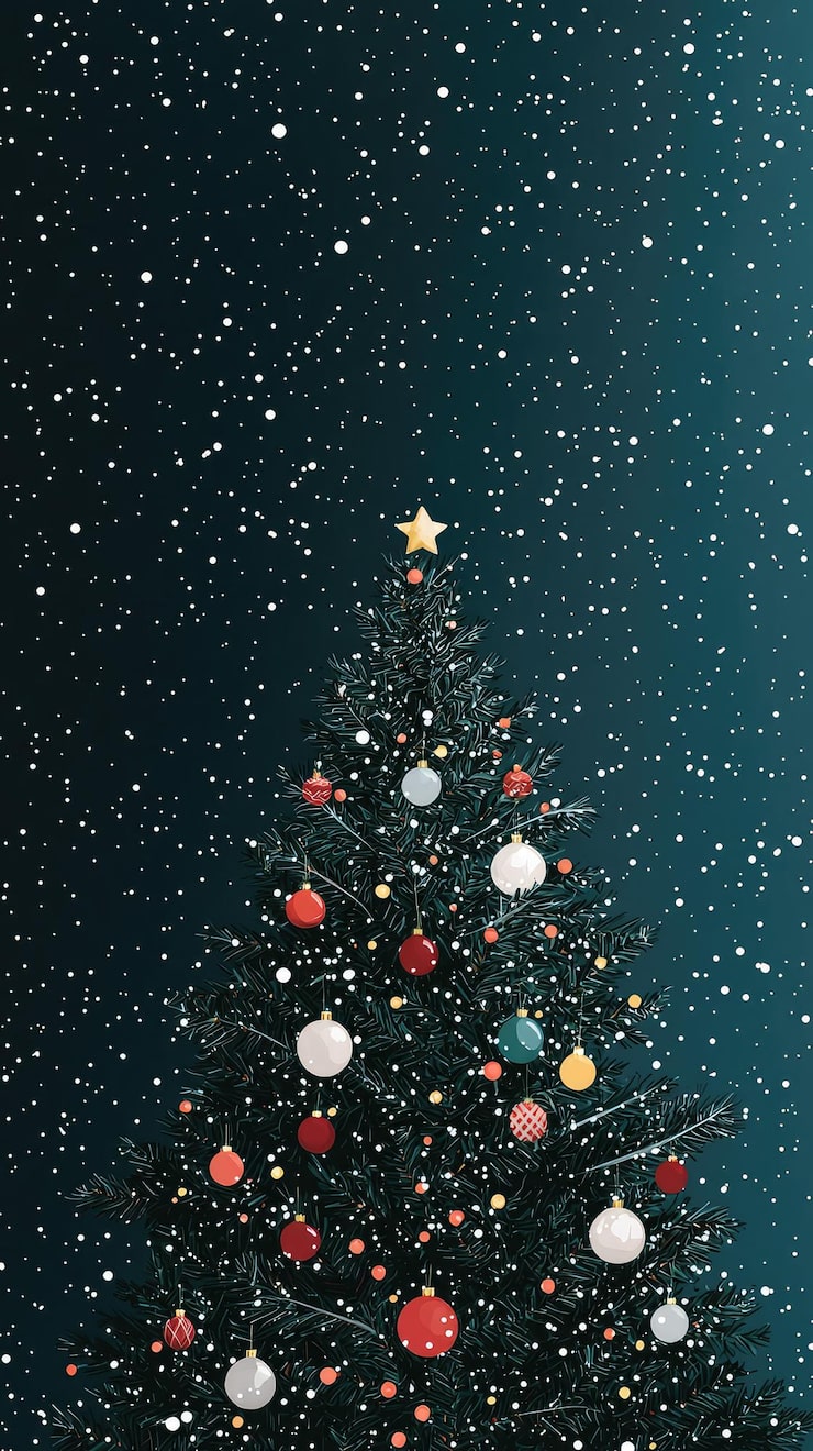 Photo a festive christmas tree glows under a snowy night sky adorned with ornaments and a golden star