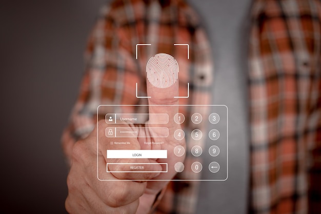 Photo fingerprint scanning provides secure access with the protection system cyber security scanning allows access input username and password for or technology security system and prevent hacker