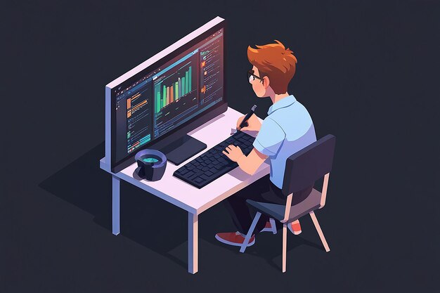 Photo flat 3d isometric software developer or programmer coding on pc computer