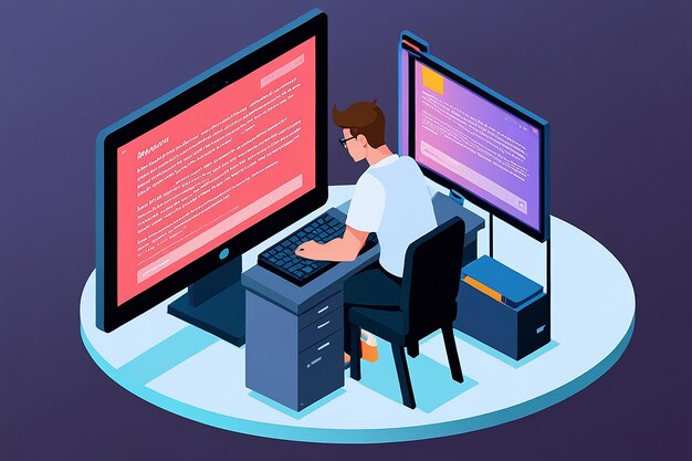 Photo flat 3d isometric software developer or programmer coding on pc computer
