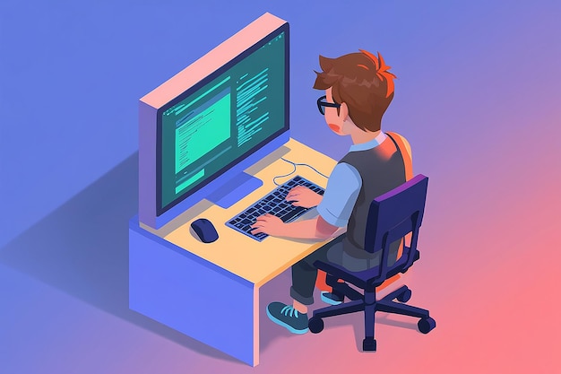 Photo flat 3d isometric software developer or programmer coding on pc computer