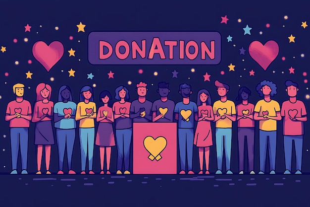 Photo flat art style illustration showing a fundraising event with people donating holding charity symbol