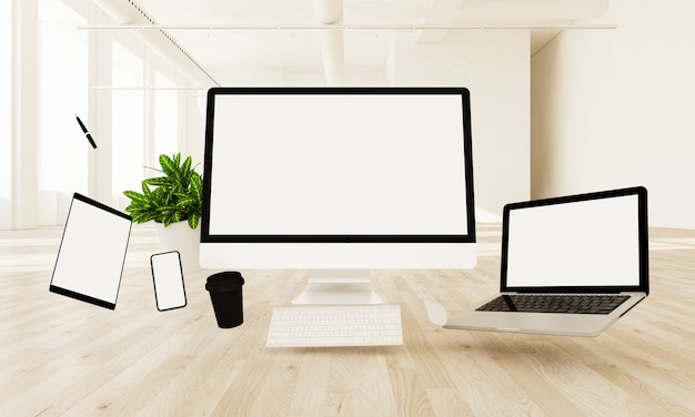 Photo floating responsive devices 3d rendering