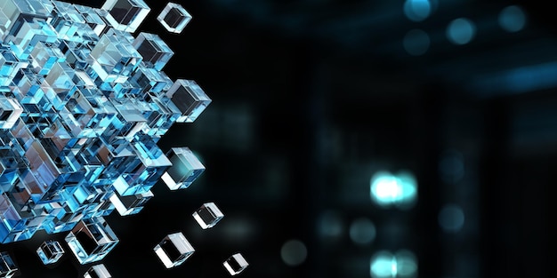 Photo floating shiny cube network. mixed media