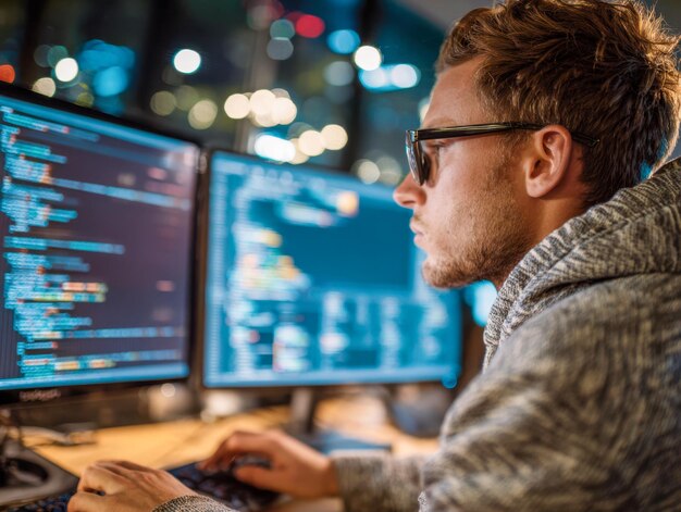 Photo focused young programmer working on coding projects with multiple monitors in a dimly lit tech workspace displaying blurred programming screens at night
