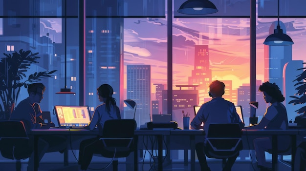 Photo four people working in an office with a city view