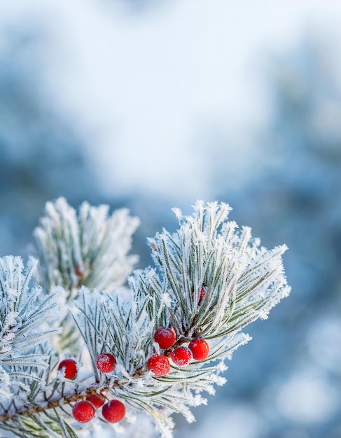 Photo frosted pine branch and vibrant red berries winter season holiday greeting card closeup