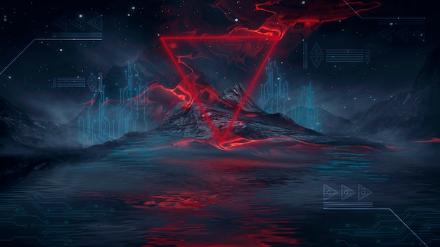 Photo futuristic fantasy night landscape with light  reflection in water. neon space galaxy portal 3d illustration