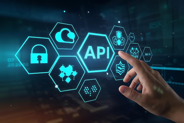 Photo futuristic hand interacting with glowing api interface hexagonal icons