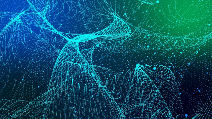 Futuristic point wave Cyber big data flow Blockchain data fields Network line connect stream Big data technology Concept of AI technology digital communication 3d rendering