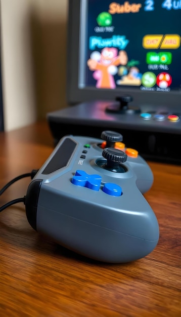 Photo a game controller with a blue button on the front of it