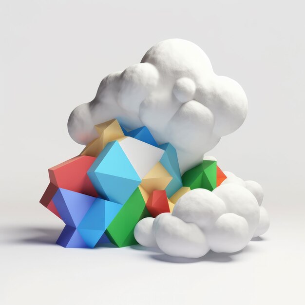 Photo generated illustration of 3d geometric shapes with structure and smooth bubble forms of white clouds
