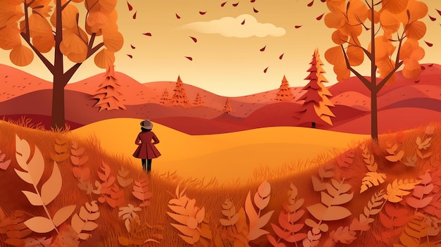 Photo a girl walking on meadow in autumn travel in autumn generative ai