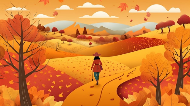 Photo a girl walking on meadow in autumn travel in autumn generative ai
