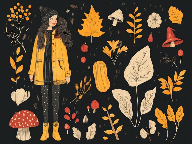 Photo a girl in a yellow coat stands in front of a collection of autumn leaves
