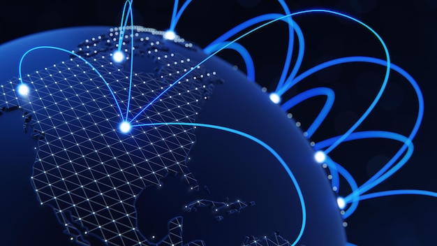 Photo globalization and communication concept earth and luminous rays 3d rendering