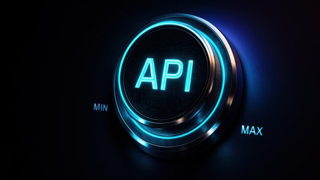 Photo a glowing api dial pulses with neon accents highlights application programming interface in a cyberpunk inspired api programming design