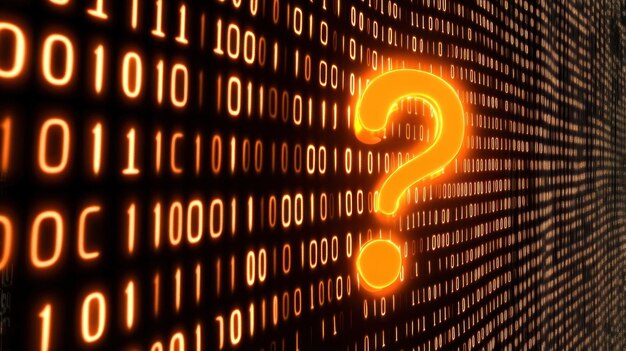 Photo a glowing question mark in front of a binary code background
