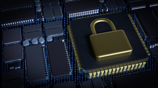 Photo the gold lock on chip for technology or security concept 3d rendering