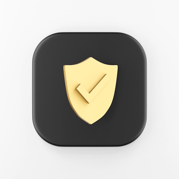 golden shield icon. 3d rendering black square key button, interface ui ux element.