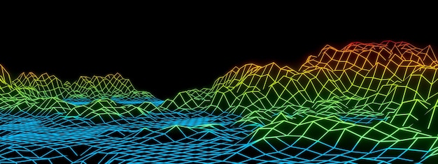 Photo gradient neon grid terrain grid mountain