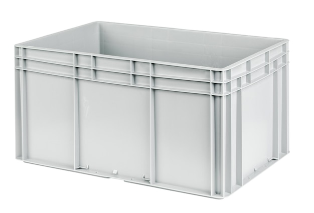 Photo grey plastic storage boxes on white background