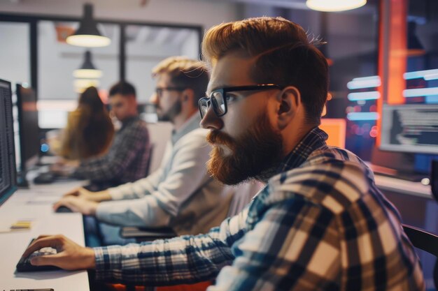 Photo group of computer programmers working on pcs in the office group of programmers developing new sof