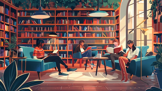 Photo a group of friends relax in a cozy library surrounded by books and sunlight they