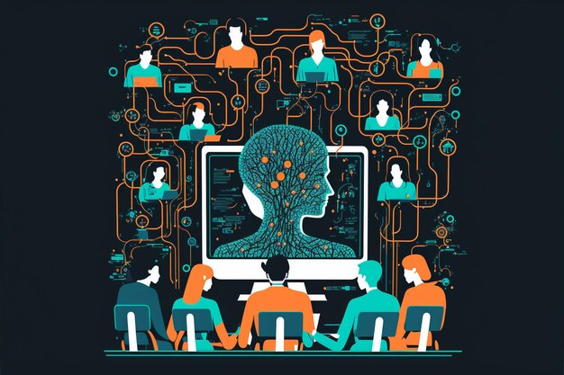 Photo a group of people sit on a computer with the brain drawn on the screen.