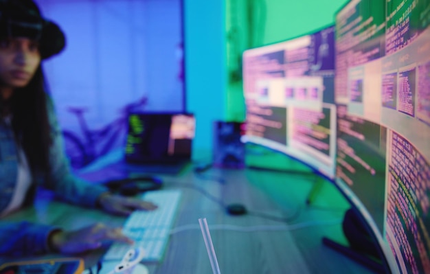 Photo hacker computer screen or neon coding on cybersecurity ransomware seo night phishing or code programming programmer developer or woman on technology for dark web software iot bug or safety scam