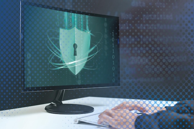 Photo hacker cracking the binary code data security