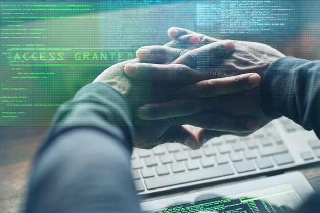 Photo hacker hands and code on computer at night as spy information or ransomware with programming on website with overlay person relax and cybersecurity with password software or hacking crime thief