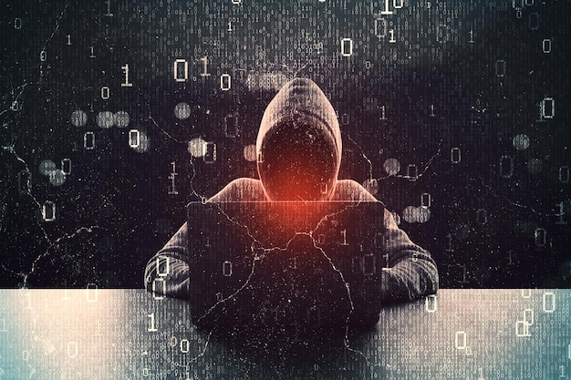 Photo hacker in hoodie standing on abstract dark hacking background with bokeh circles and binary coding malware and phishing data theft concept