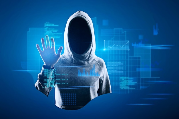 Photo hacker in hoodie using abstract blue coding and tech information hologram interface database hacking cloud computing and science concept double exposure