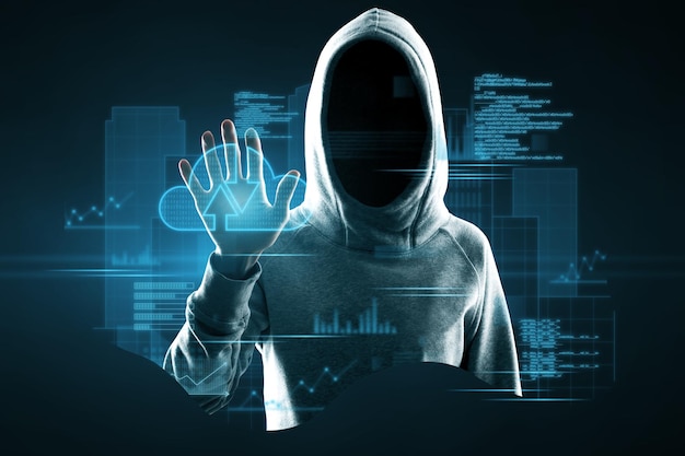 Photo hacker in hoodie using abstract blue coding and tech information hologram interface database malware cloud computing and science concept double exposure