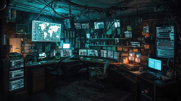 Photo hackers lair a dark cluttered room filled with multiple monitors coding scripts and hacking tools t