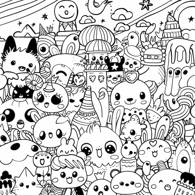Photo hand drawn kawaii coloring book illustration