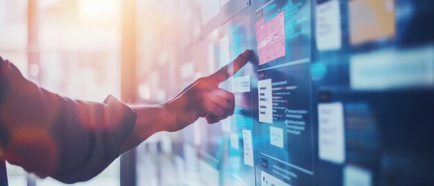 Photo a hand points to a digital board immersed in data and charts encapsulating the modern concept of digital interaction and realtime information processing