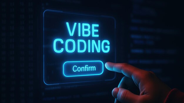 Photo a hand reaches for a confirm button surrounded by code representing vibe coding low code coding programs in a futuristic design