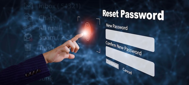 Photo hand touch bar finger scan and virtual global with cyber security login user identification information security and encryptionsecure access to users personal information secure internet access
