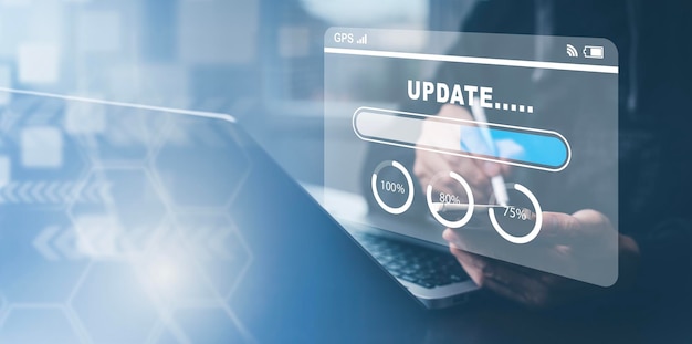 hand touch bar of update software computer program upgrade business technology internet update on virtual screen internet and technology concept loading bar with installing the update