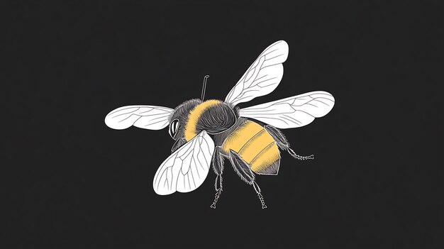 Photo handdrawn illustration of a bumblebee in flight against a black background