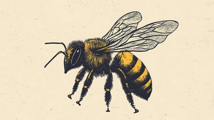 Photo handdrawn illustration of a honeybee with detailed wings and body on a light beige background
