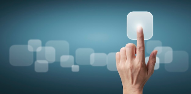 Photo hands touching button screen interface global connection customer networking data exchanges