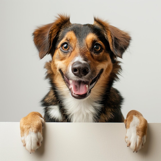 Photo a happy dog holding advertising white board