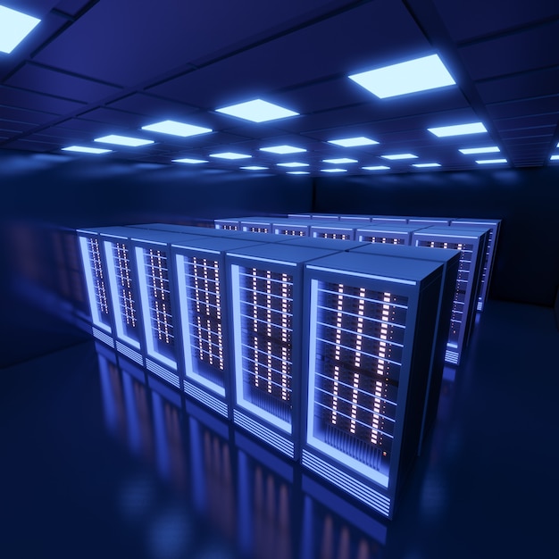 Photo hosting server computer room with blue light in the black color theme. 3d illusration rendering.