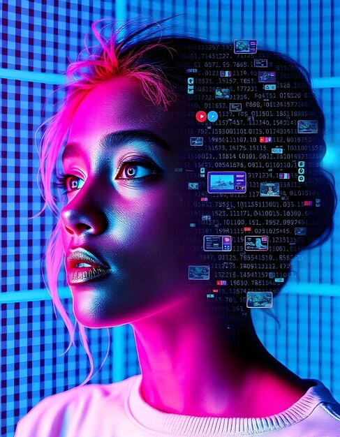 Photo humanmachine interface womans face merged with digital code and media