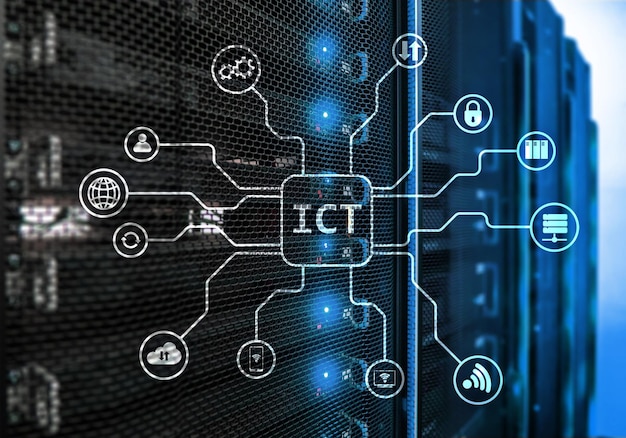 Photo ict information and communications technology concept on server room background